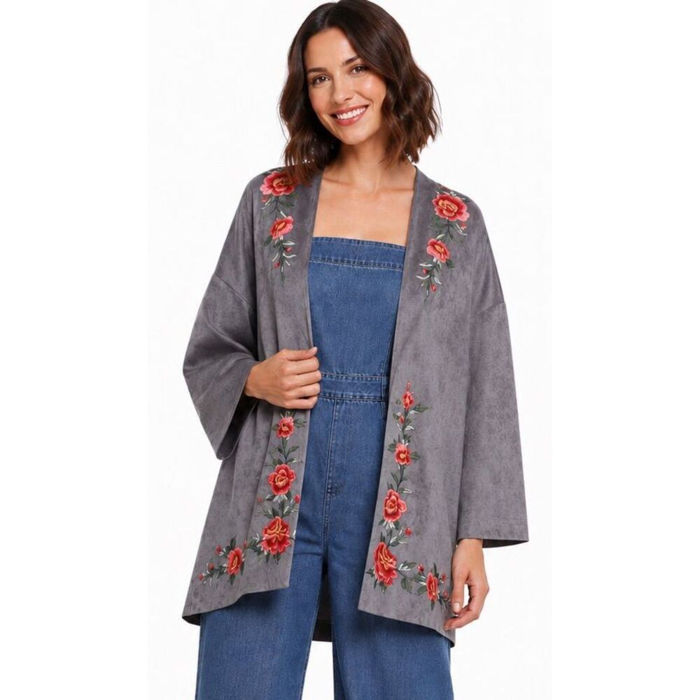 New UMGEE M 8 10 Gray Boho Chic Embroidered Roses Open Faux Sueded Tunic Jacket